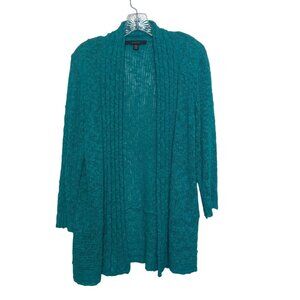 Fever Open Front Cardigan Sweater Womens Large Teal Lightweight Long